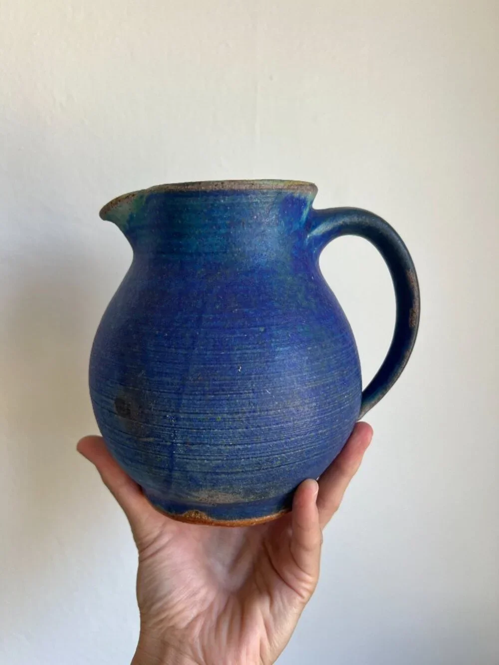 Vintage Studio Pottery Cerulean Blue Pitcher Vase Signed Hand Thrown Stoneware